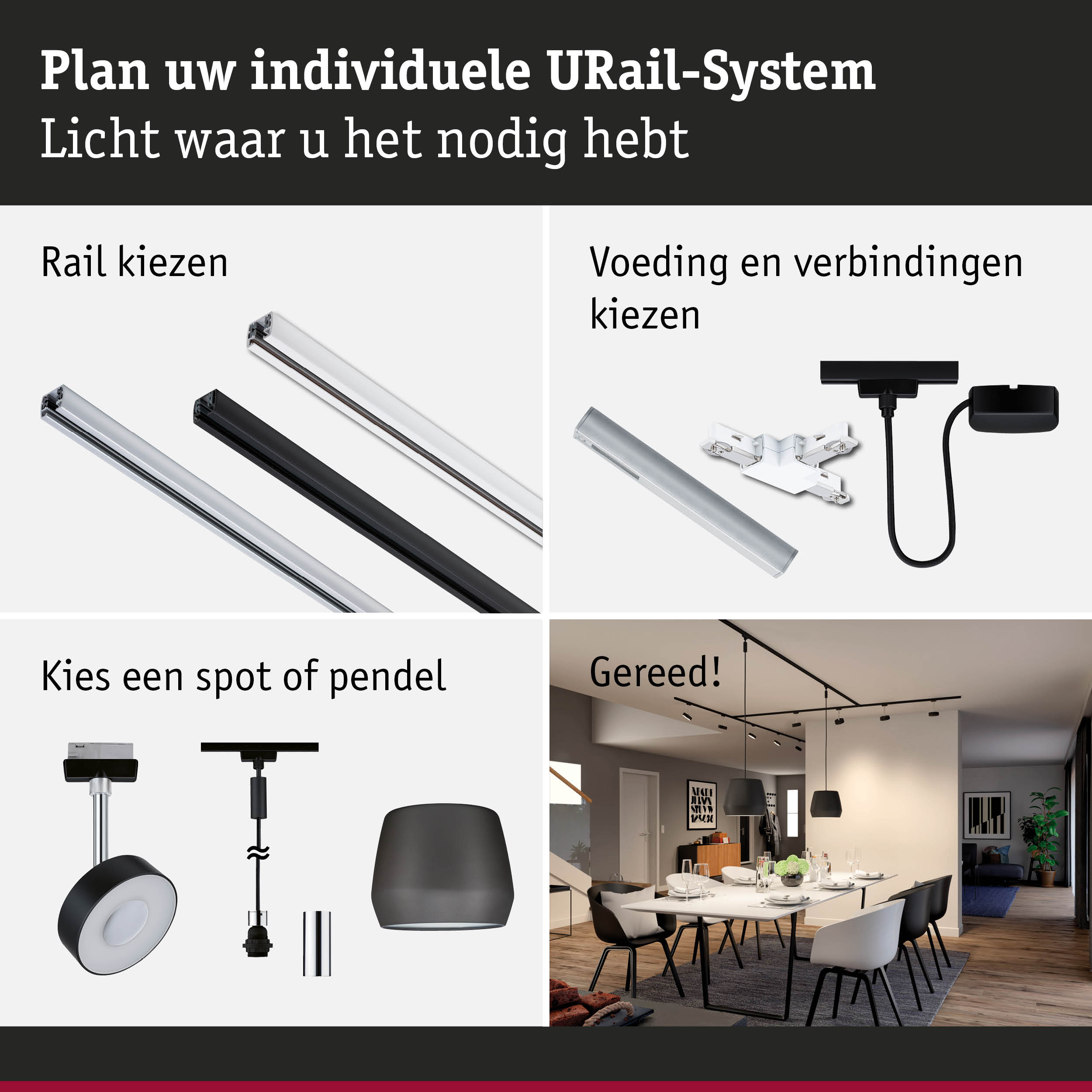 Modulair URail-systeem met zwarte en witte rails en verbindingsstukken voor flexibele verlichting