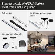 Modulair URail-systeem met zwarte en witte rails en verbindingsstukken voor flexibele verlichting