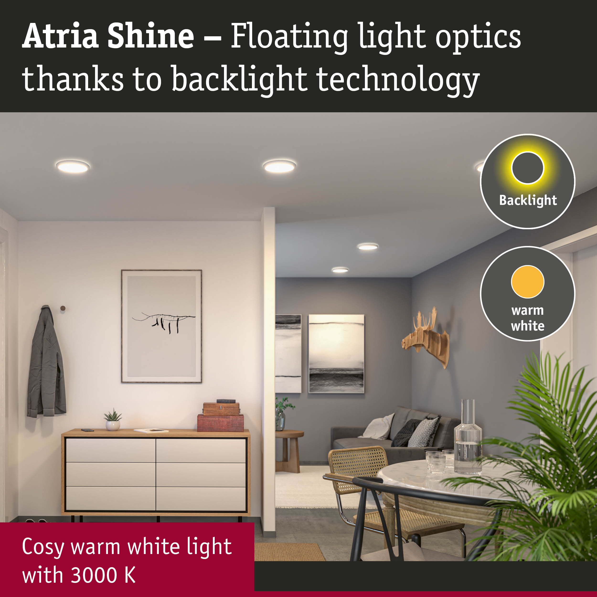 Living room with Atria Shine LED ceiling lights emitting warm white light and modern decor