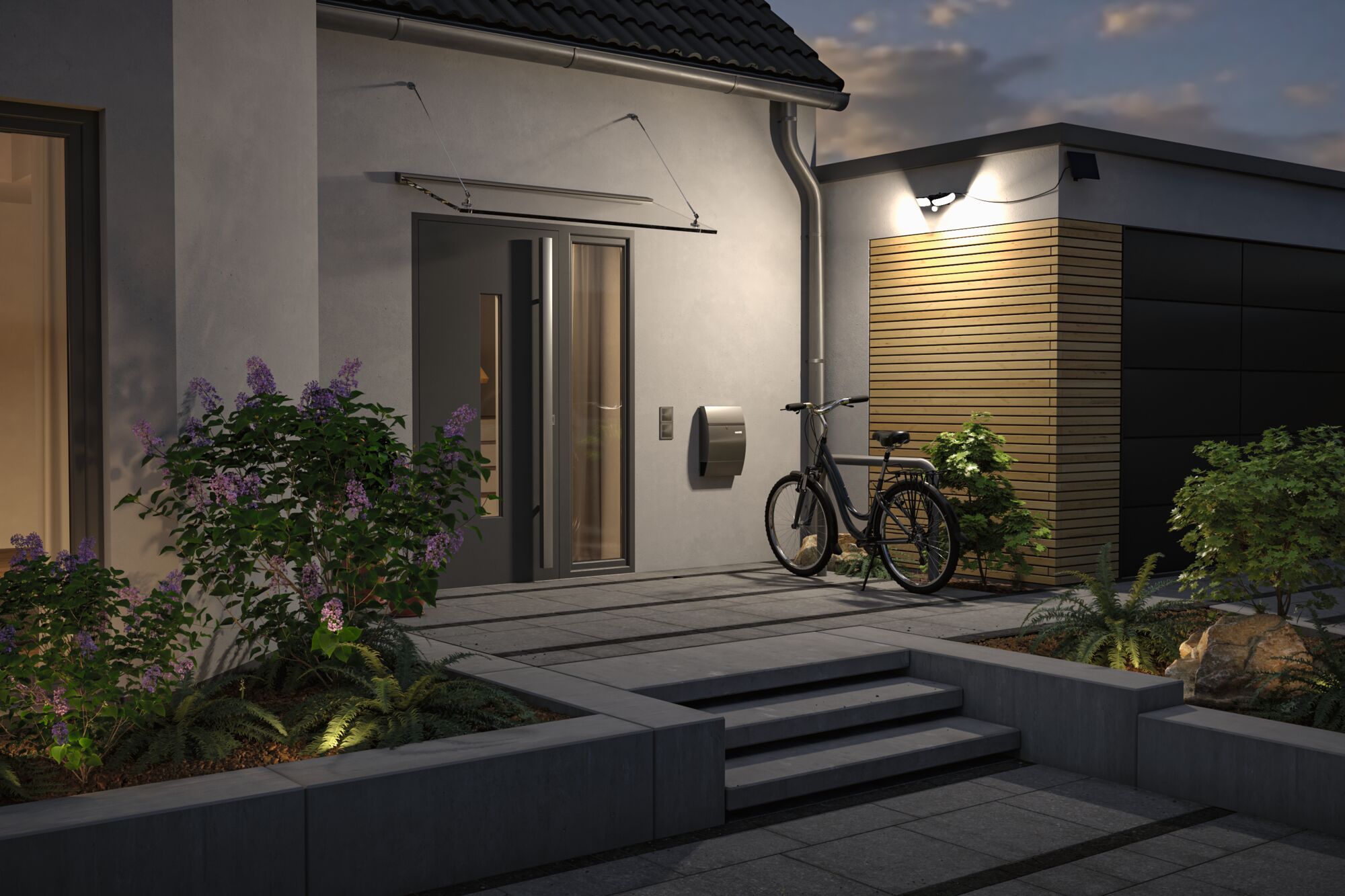 Modern house entrance with grey door, bicycle, and outdoor wall light with warm white LED.