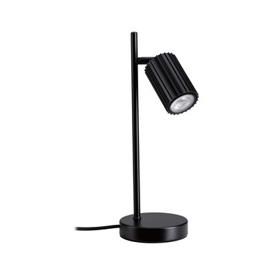Black metal LED desk lamp with ribbed shade and round base for modern lighting and home office use