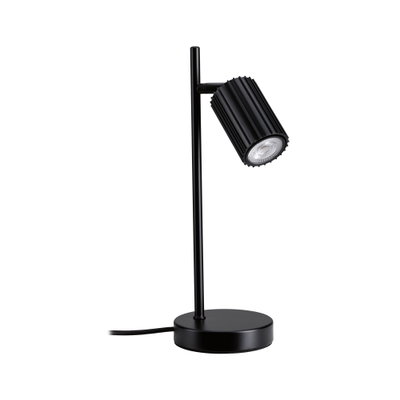 Schwarze LED-Tischleuchte aus Metall mit geriffeltem Lampenschirm und rundem Sockel für modernes Lichtdesign