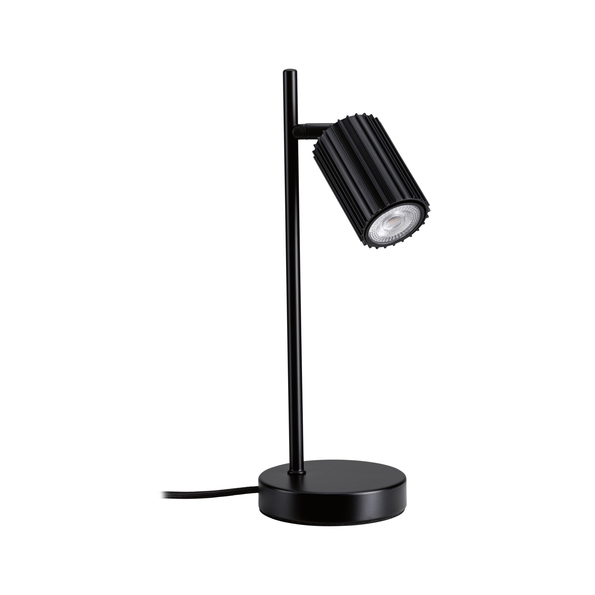 Schwarze LED-Tischleuchte aus Metall mit geriffeltem Lampenschirm und rundem Sockel für modernes Lichtdesign