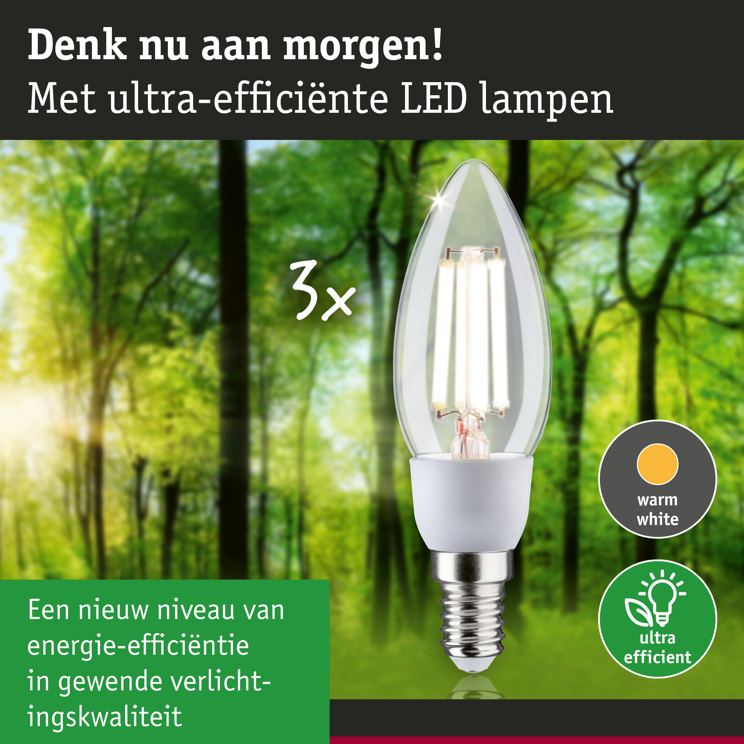 Heldere LED-lamp met warm wit licht en ultra-efficiënt energieverbruik tegen groene bosachtergrond