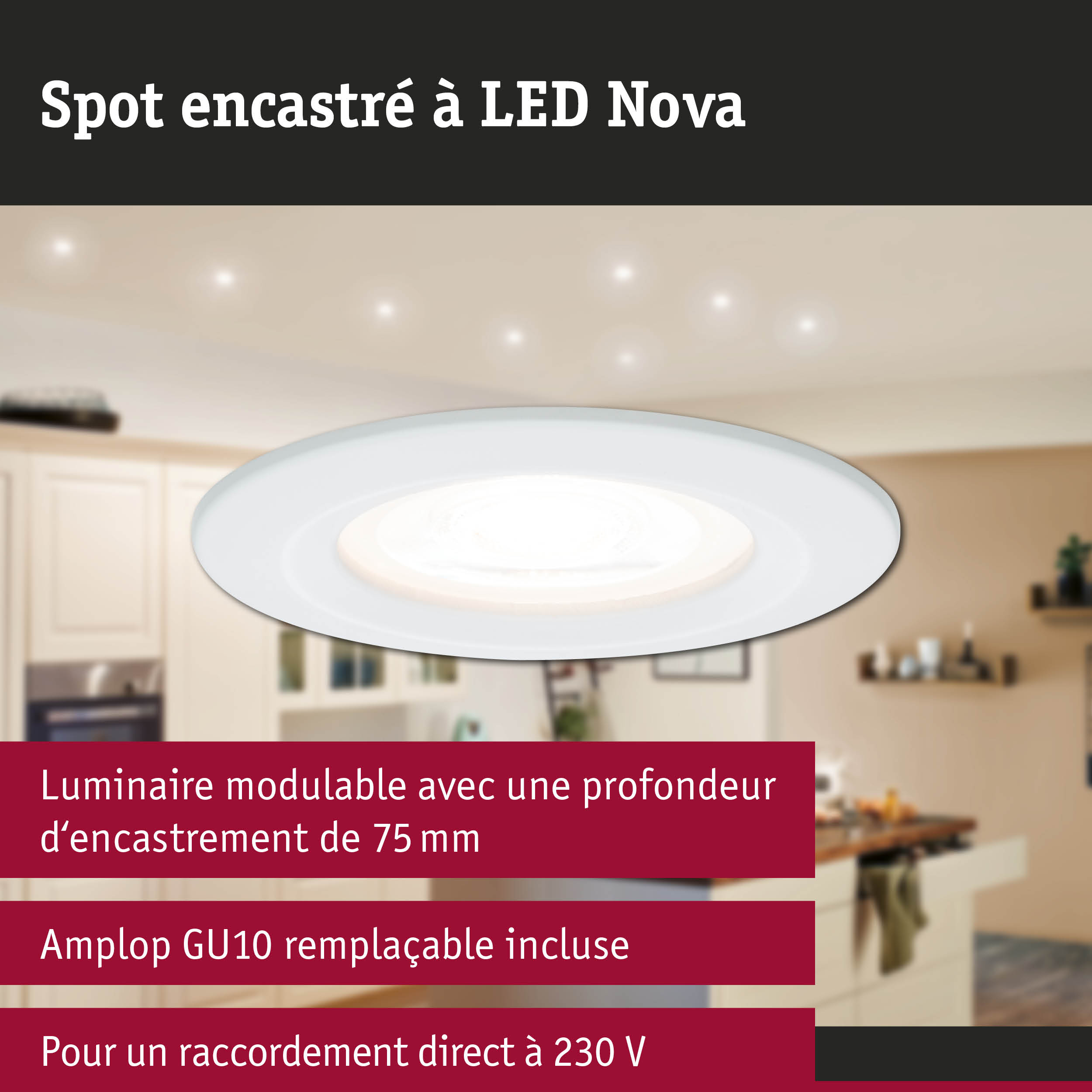 Spot encastré LED Nova blanc avec douille GU10 et profondeur d'encastrement de 75 mm pour éclairage intérieur