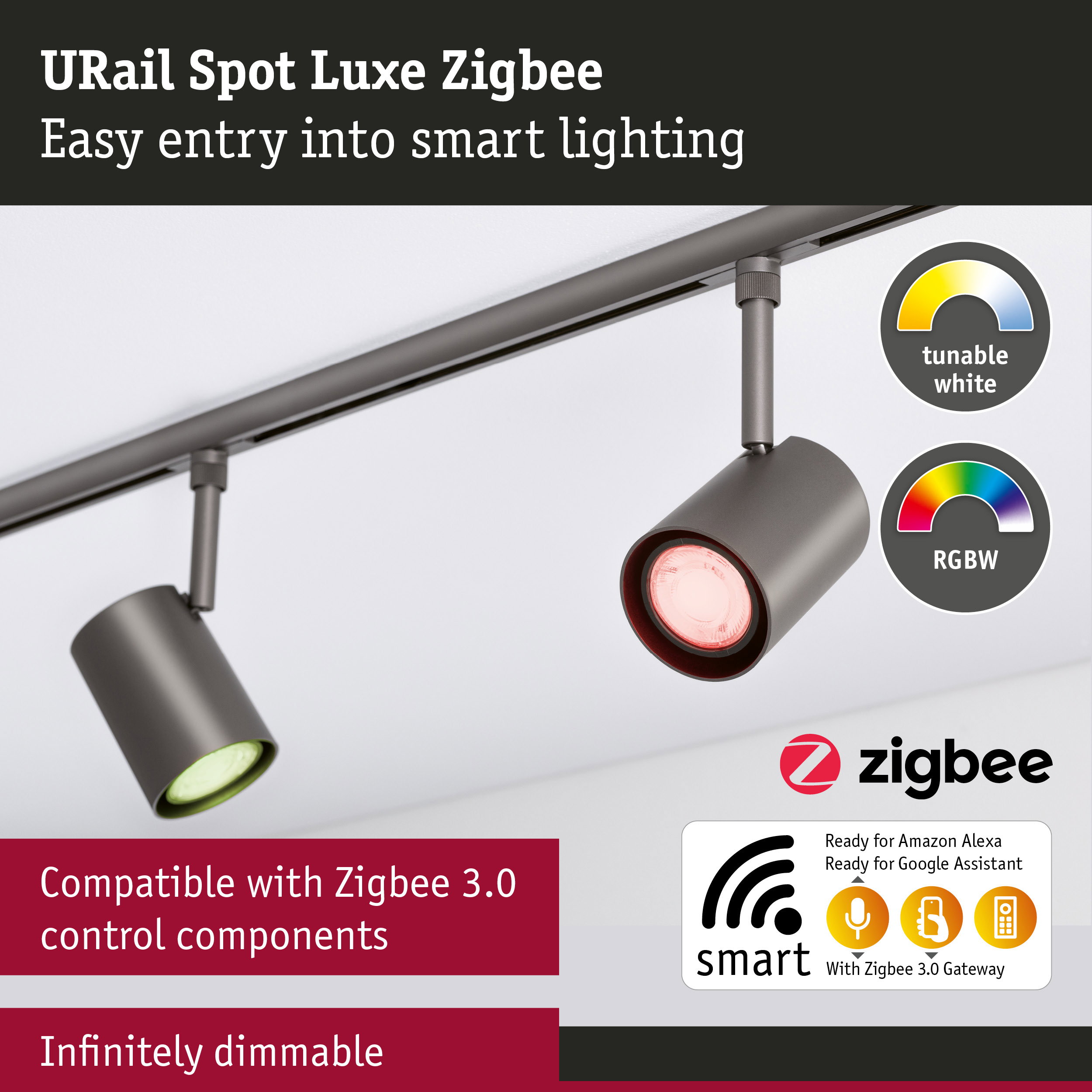 URail Rail spot Smart Home Zigbee 3.0 Luxe GU10 350lm 4,8W RGBW dimmable 230V Titanium