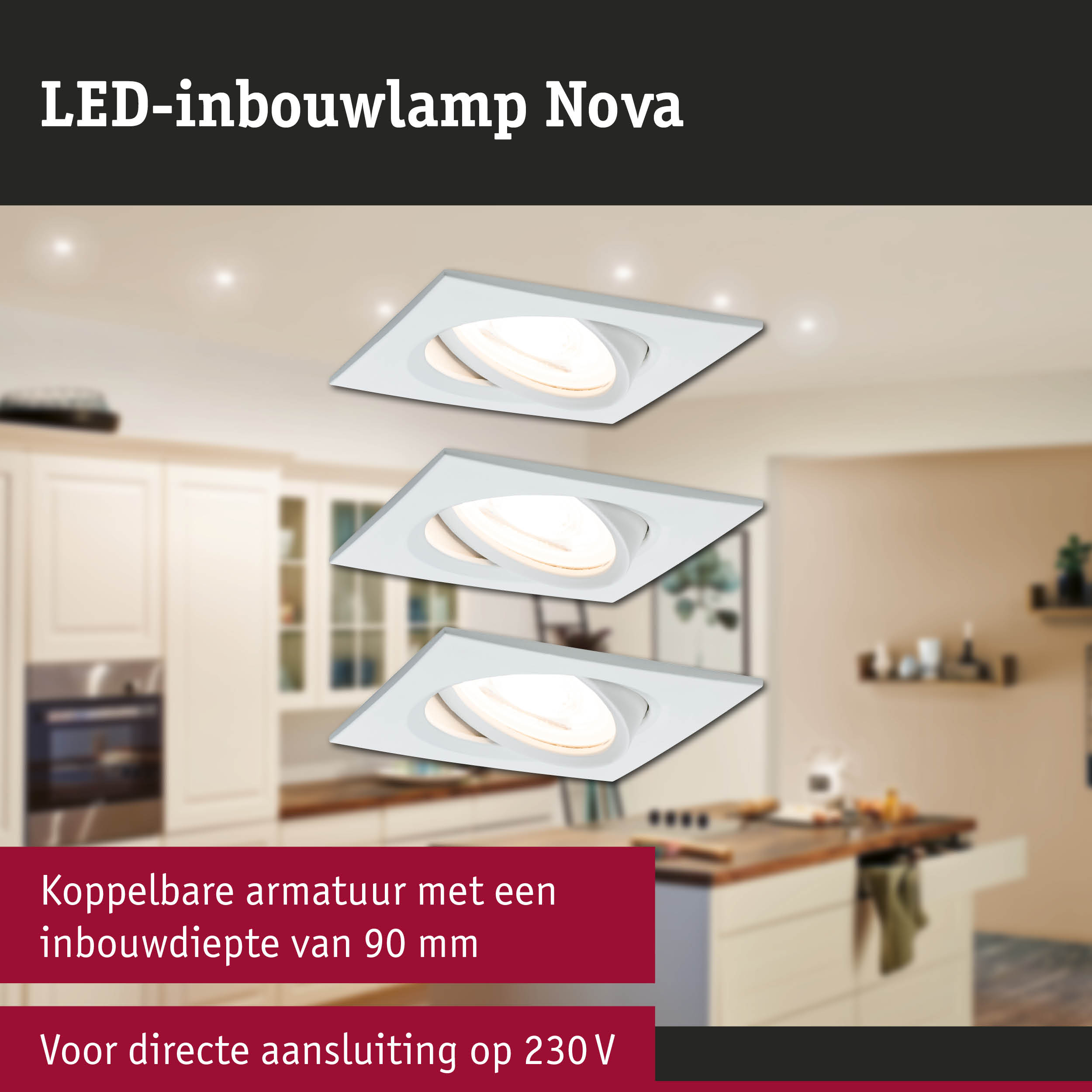 Witte LED-inbouwlamp Nova met koppelbare armatuur en 90 mm inbouwdiepte, geschikt voor 230V