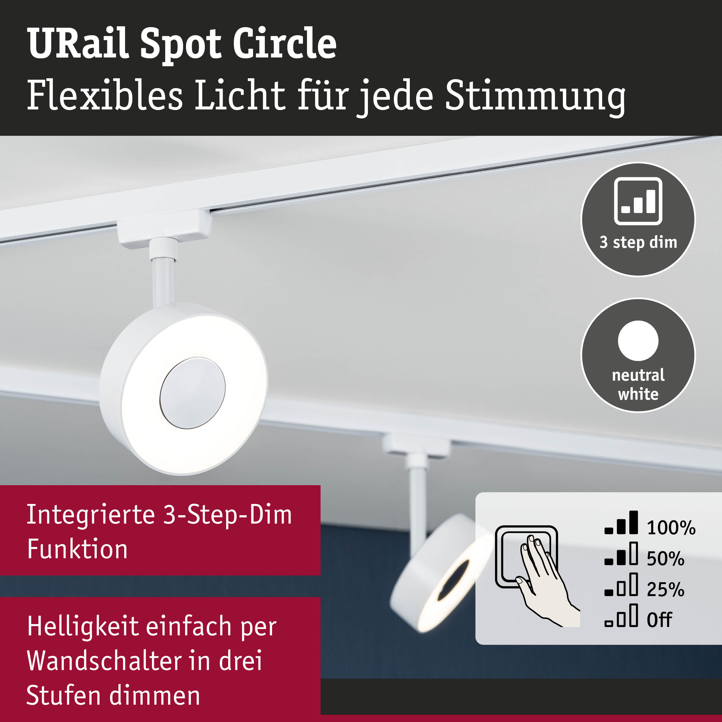 Weißer URail Spot Circle LED-Strahler mit 3-Stufen-Dimmfunktion für flexible Raumbeleuchtung