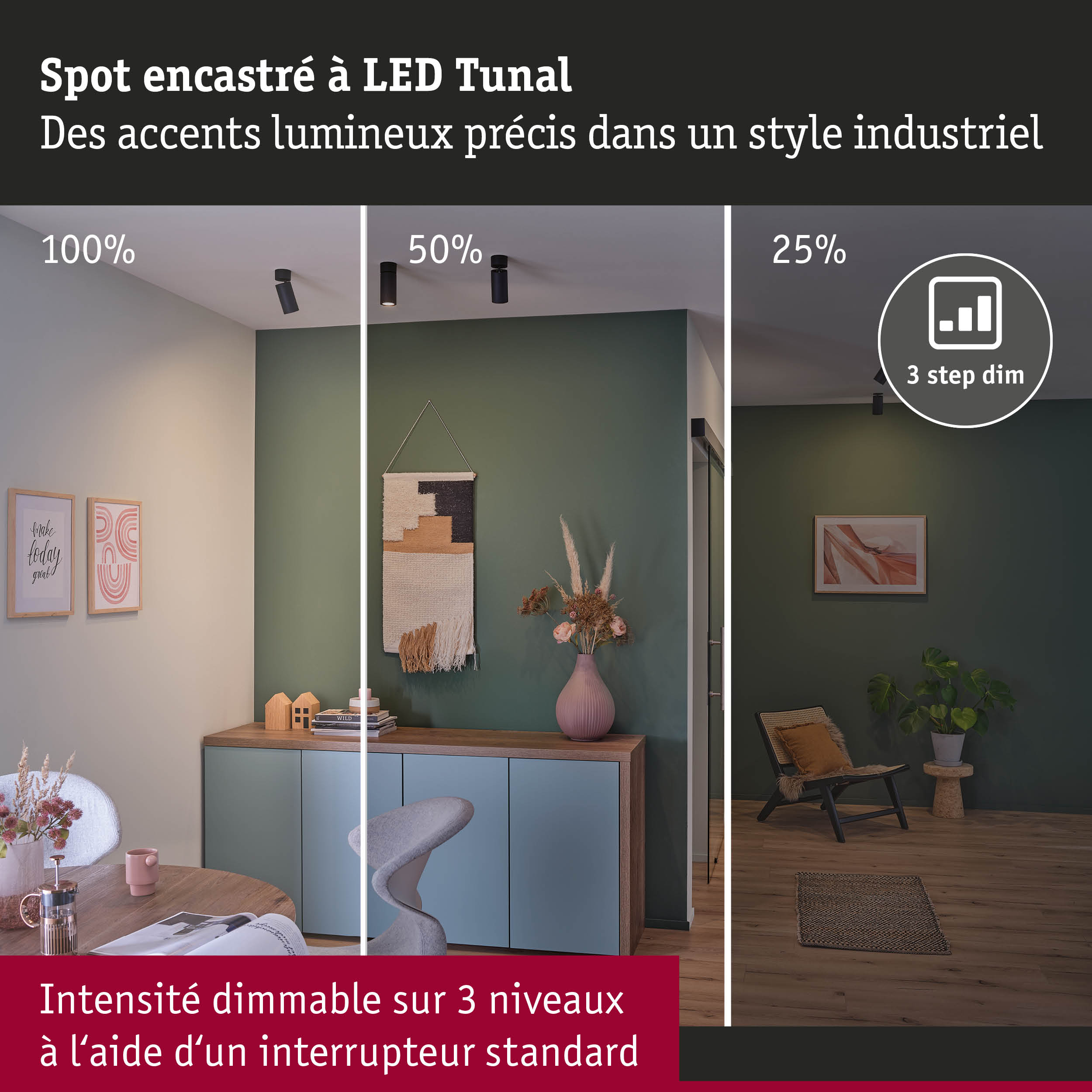 Trois spots LED encastrés Tunal noirs avec intensité dimmable dans un salon moderne au sol en bois