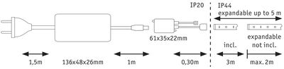 Technische Zeichnung eines LED-Streifen-Verlängerungskabels mit Maßen und Anschlussdetails.