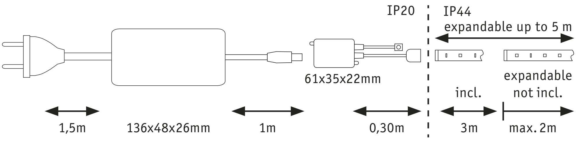 Technical drawing of LED strip extension cable showing dimensions and connector details.