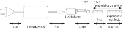 Technical drawing of LED strip extension cable showing dimensions and connector details.