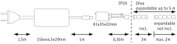 Technische tekening van LED-strip verlengkabel met afmetingen en aansluitdetails.