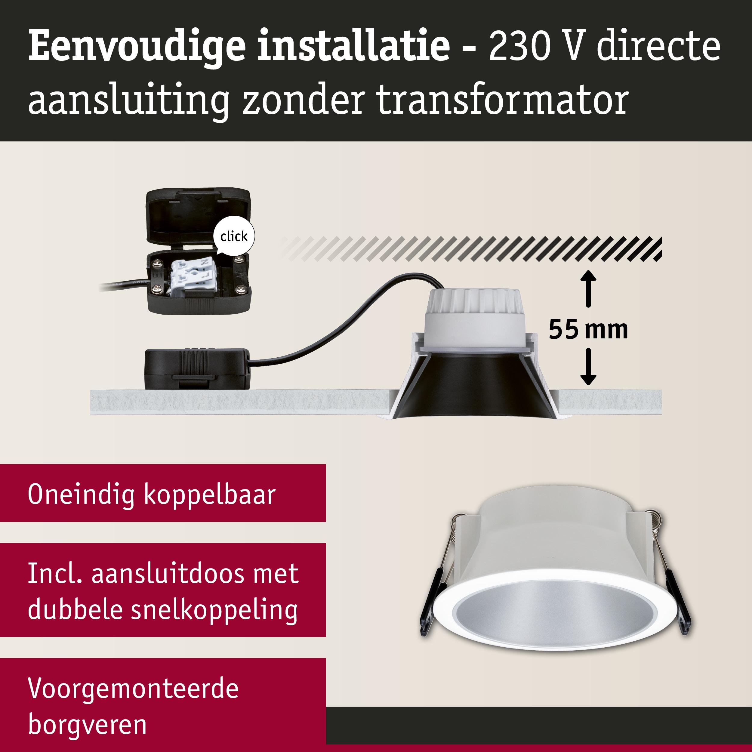 Eenvoudig te installeren LED inbouwspot met 230 V directe aansluiting zonder transformator, 55 mm inbouwdiepte