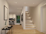 Moderner Flur mit Holztreppe und integrierter LED-Beleuchtung für stilvolles Wohnambiente