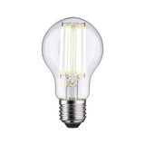LED-pære med klart glas og varmt hvidt lys, energibesparende belysning i klassisk form