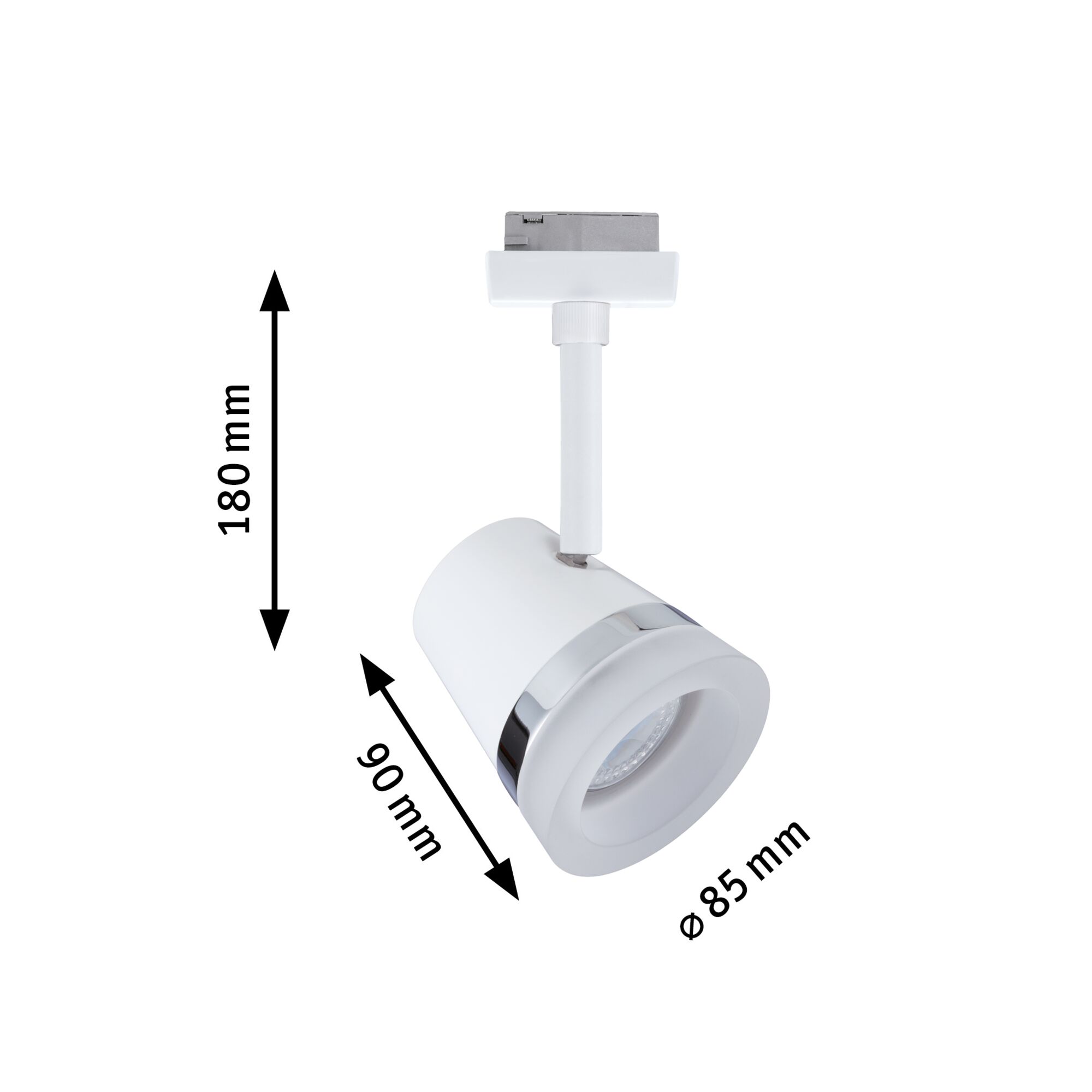Weißer LED-Spot mit Chromring, 180 mm hoch, 90 mm tief, 85 mm Durchmesser, moderne Innenbeleuchtung