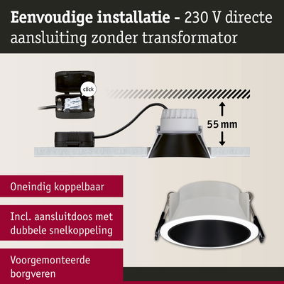 Witte LED inbouwspot met 55 mm inbouwdiepte en directe 230 V aansluiting voor eenvoudige installatie