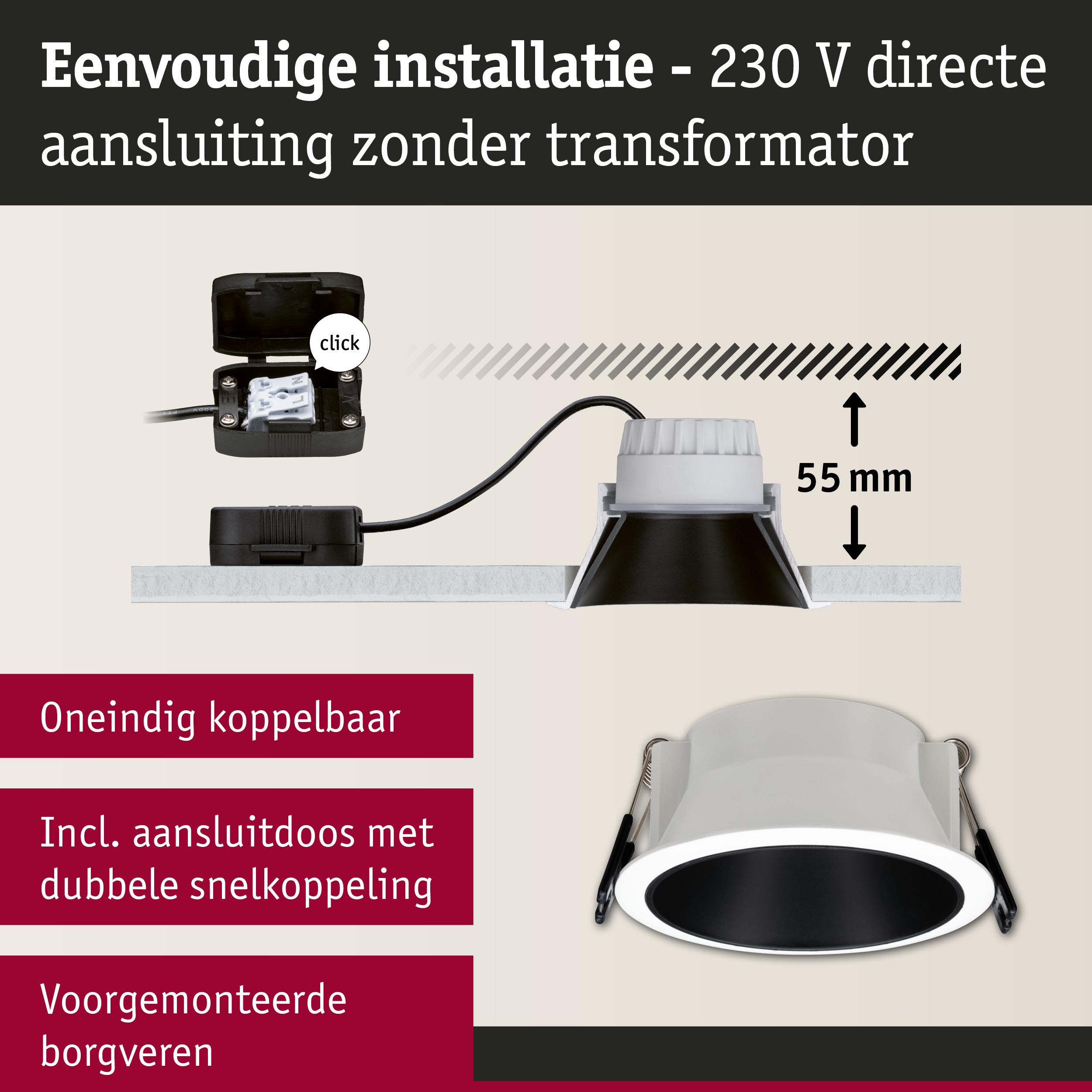 Witte LED inbouwspot met 55 mm inbouwdiepte en directe 230 V aansluiting voor eenvoudige installatie