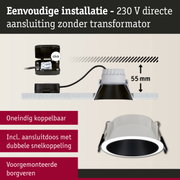 Zwarte en witte LED inbouwspot met 55 mm inbouwdiepte en directe 230 V aansluiting zonder transformator