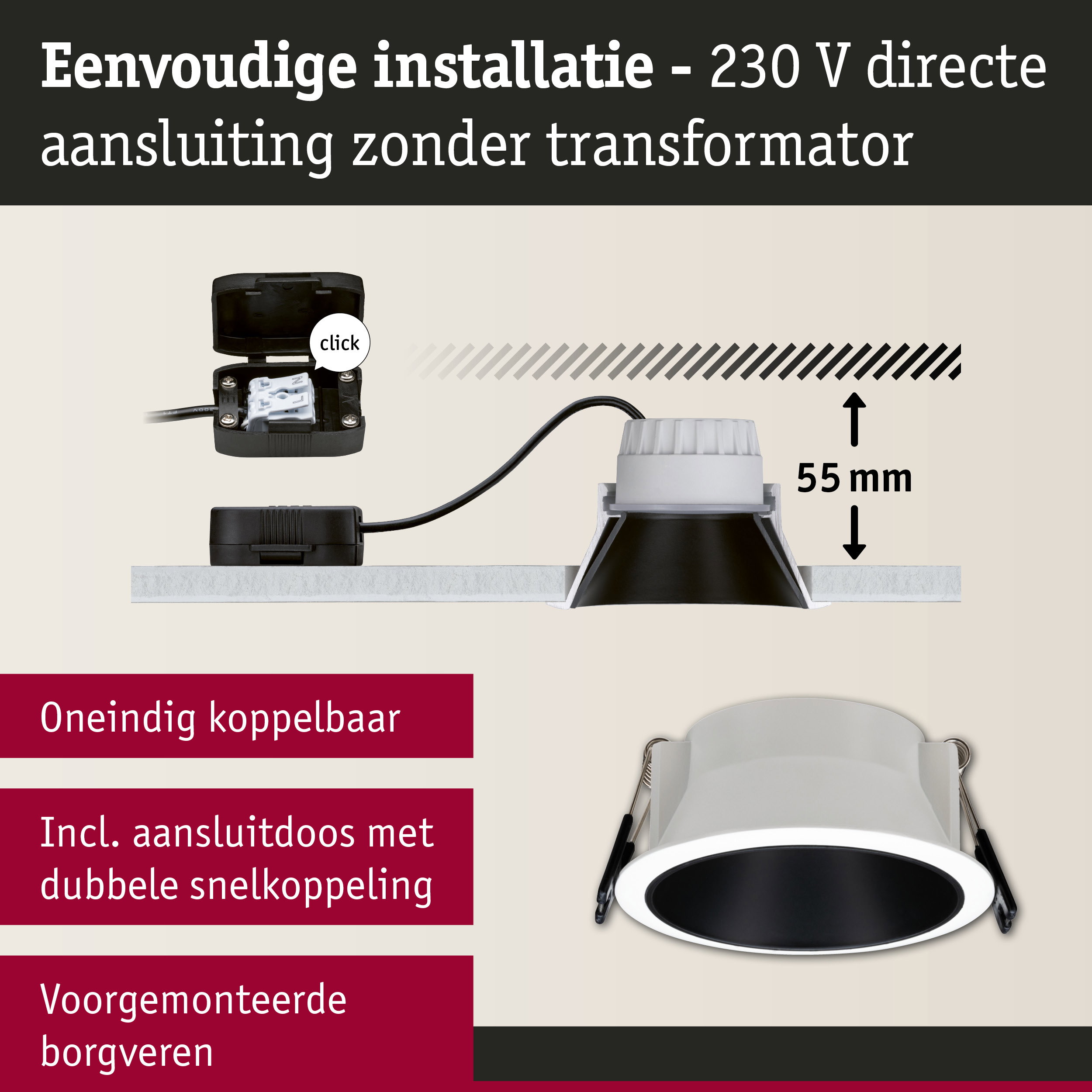 Zwarte en witte LED inbouwspot met 55 mm inbouwdiepte en directe 230 V aansluiting zonder transformator