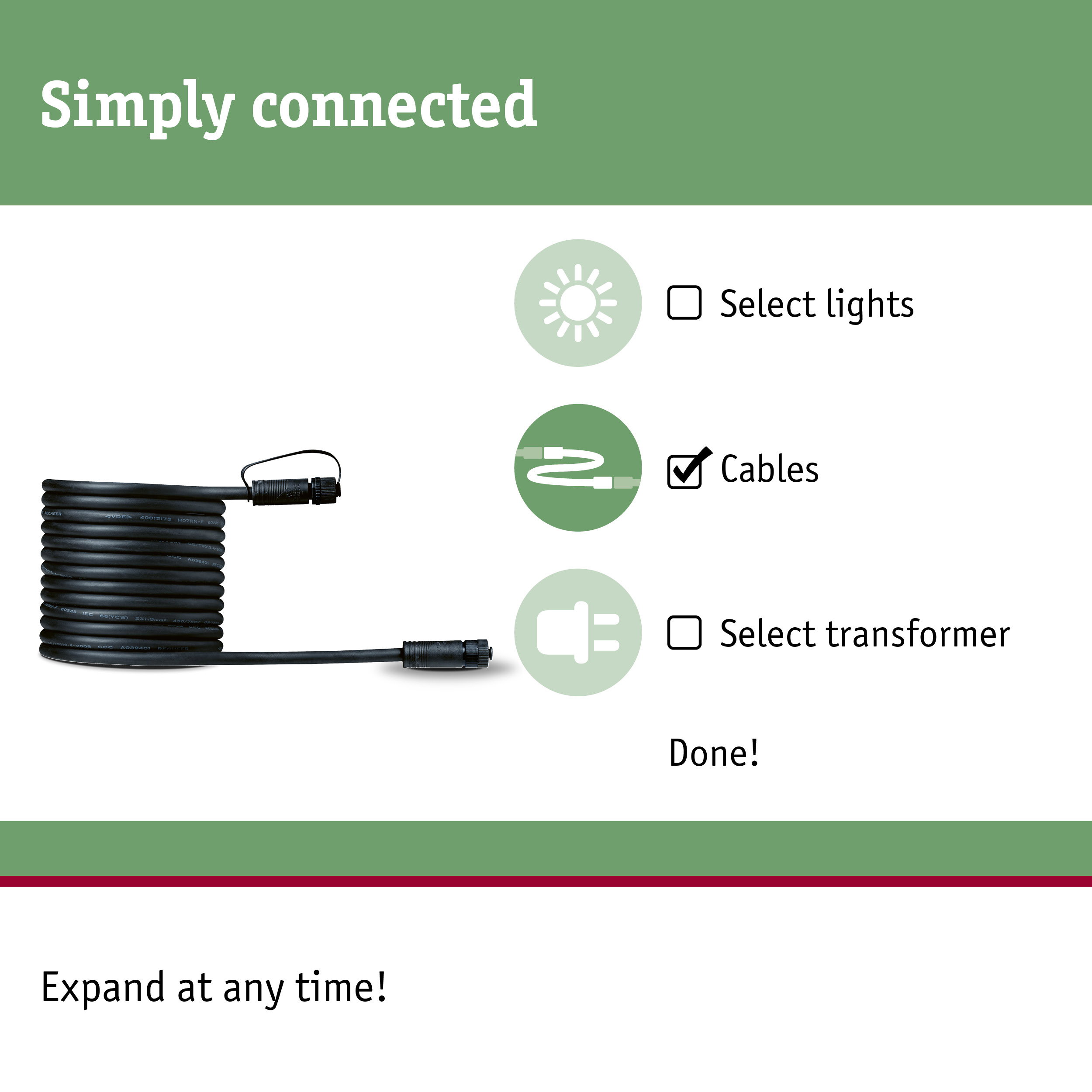 Black connection cable with connectors for LED lighting systems and light control setups