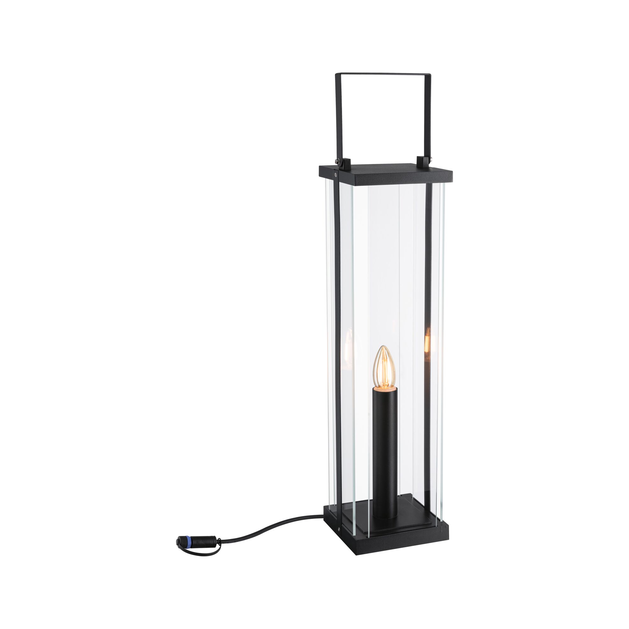 Black rectangular metal and glass table lamp with candle-shaped LED and cable connection