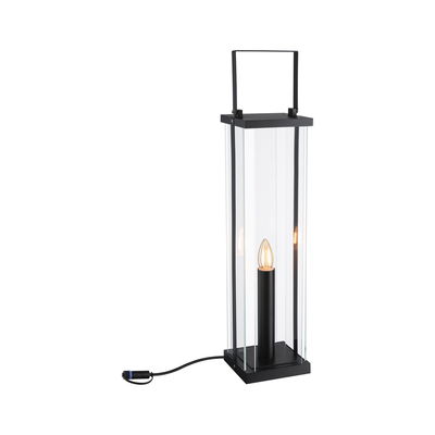 Black rectangular metal and glass table lamp with candle-shaped LED and cable connection