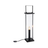 Black rectangular metal and glass table lamp with candle-shaped LED and cable connection