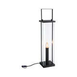 Black rectangular metal and glass table lamp with candle-shaped LED and cable connection