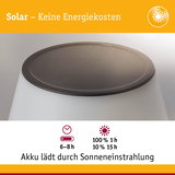 Solarbetriebene Lampe mit schwarzem Solarpanel und weißem Gehäuse, Akku lädt durch Sonnenenergie