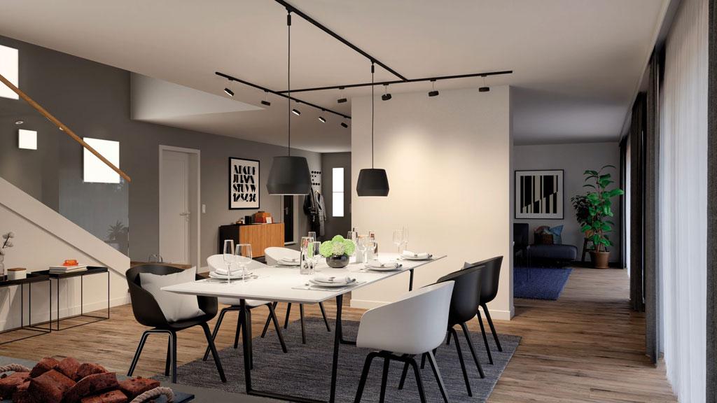 Moderner Essbereich mit weißem Tisch, schwarzen und weißen Stühlen, Holzfußboden und stilvoller Beleuchtung