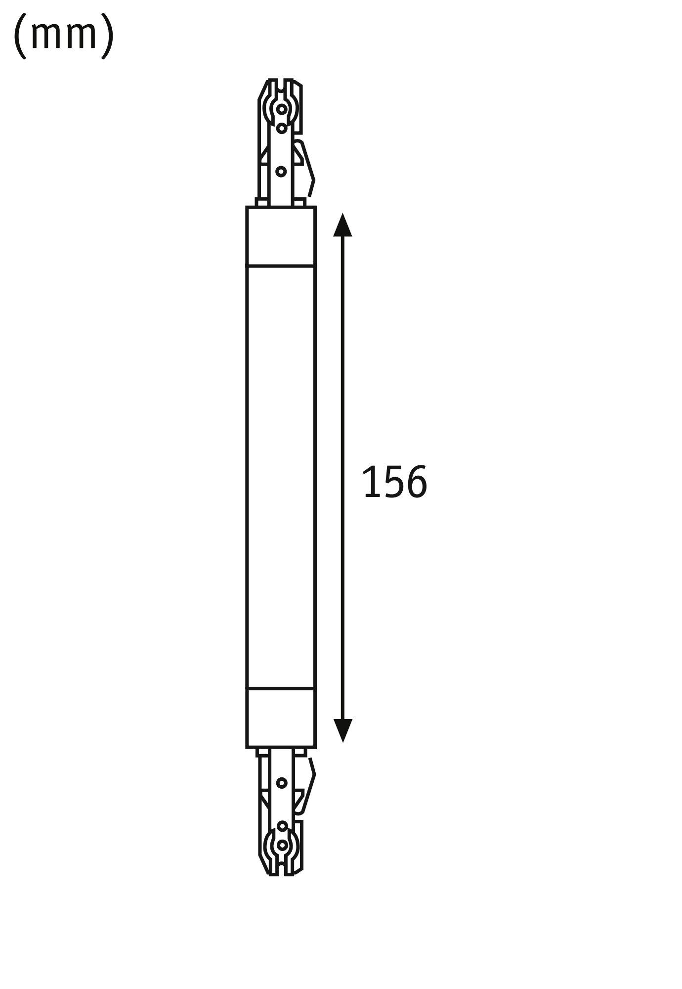 Teknisk tegning af en 156 mm lang LED-pære med stik i begge ender.