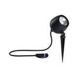 Zwarte LED-tuinschijnwerper met grondpen en kabelconnector voor buiten- en accentverlichting
