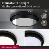 Black LED ceiling light with warm white glow, dimmable in three stages via conventional switch with memory effect