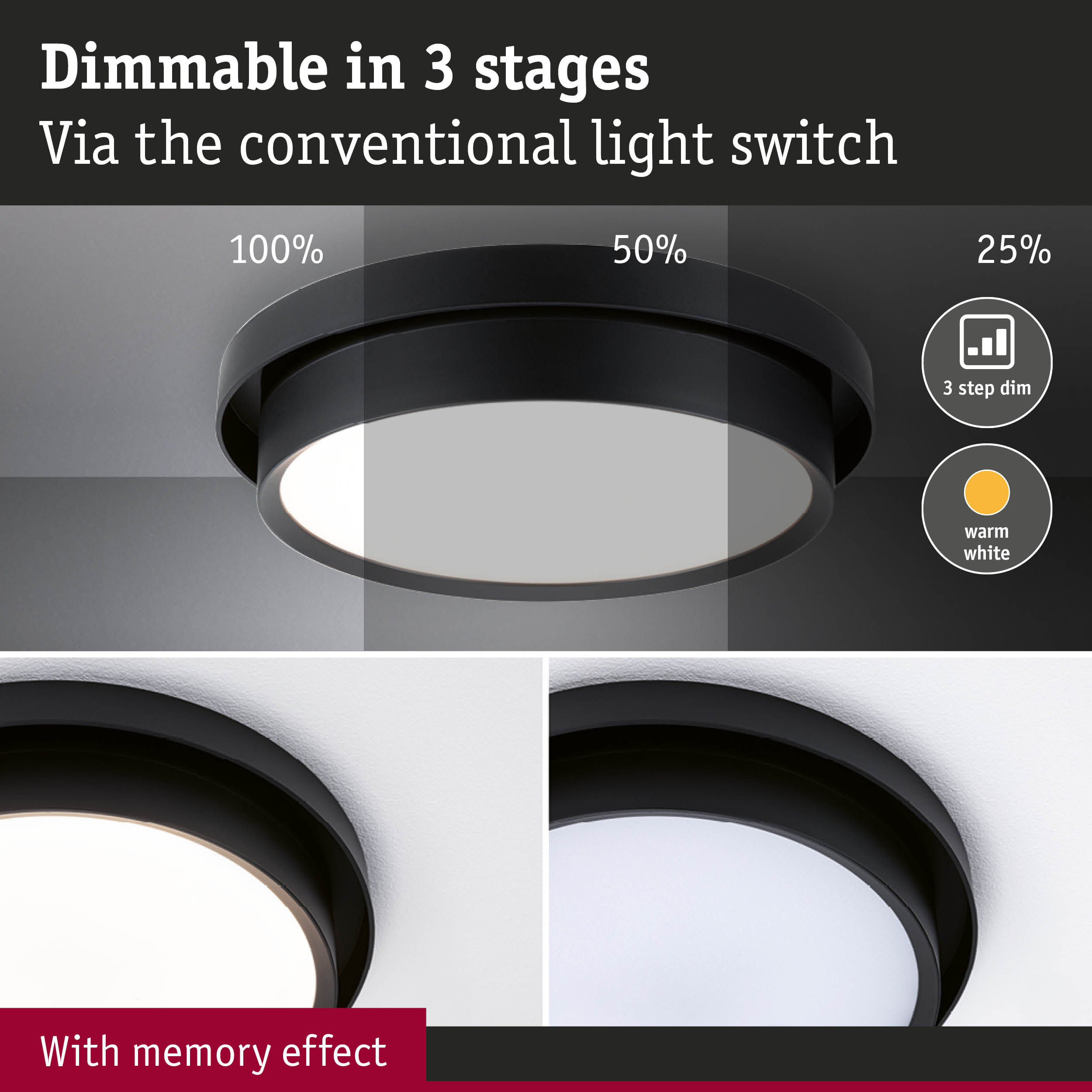 Black LED ceiling light dimmable in 3 stages with warm white light and memory effect