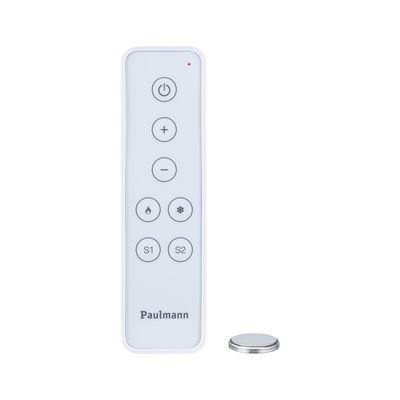 White Paulmann remote control with buttons for light control and coin cell battery, LED lighting accessory