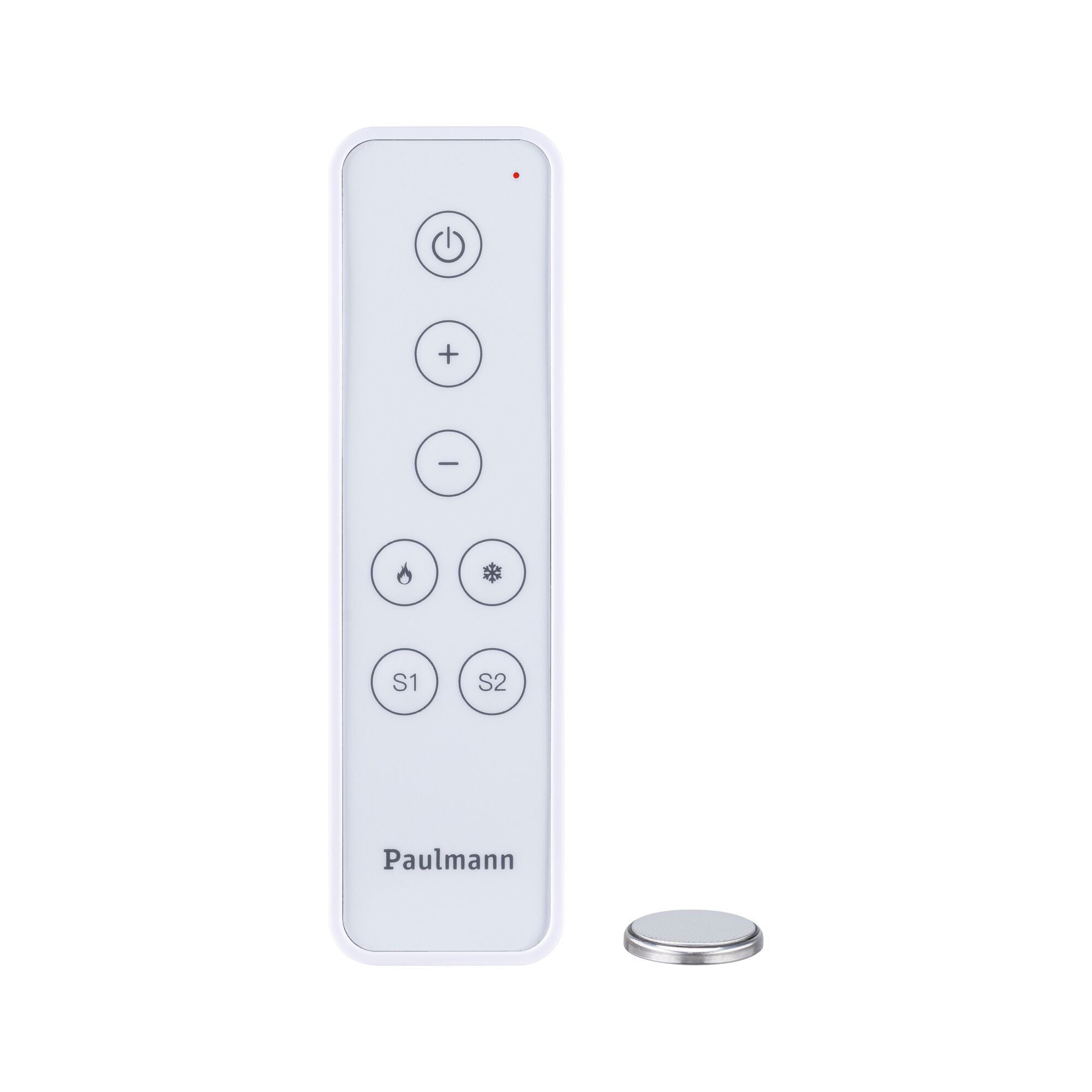 White Paulmann remote control with buttons for light control and coin cell battery, LED lighting accessory