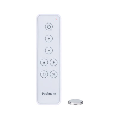 White Paulmann remote control with buttons for light control and coin cell battery, LED lighting accessory