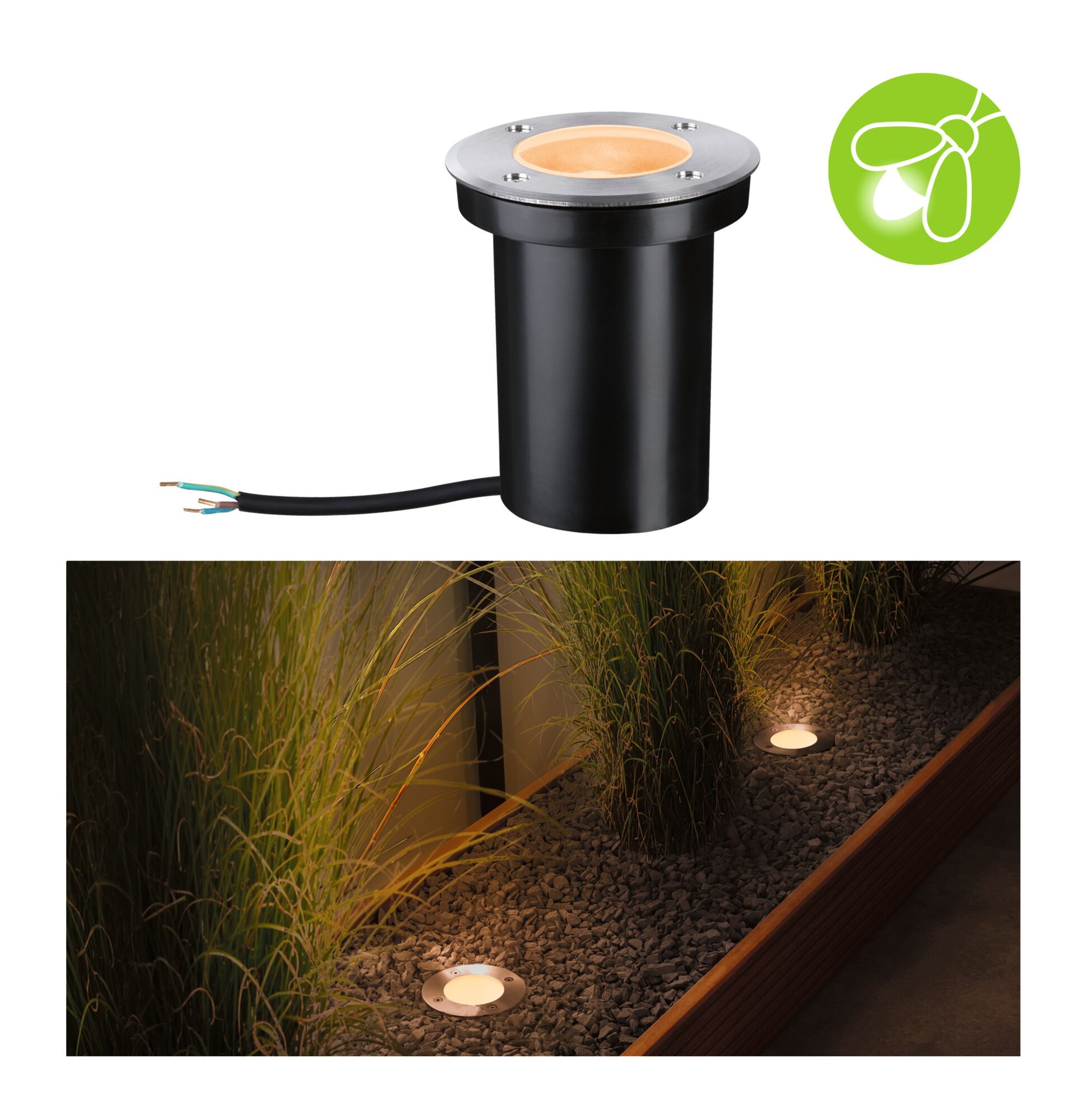 Encastré de sol LED Floor favorable aux insectes IP65 cylindrique 110mm 2200K 4,3W 320lm 230V 38° Acier inoxydable brossé Acier inoxydable/Matière plastique Lumière encastrée extérieure noire en métal avec lumière blanche chaude pour jardin et allée