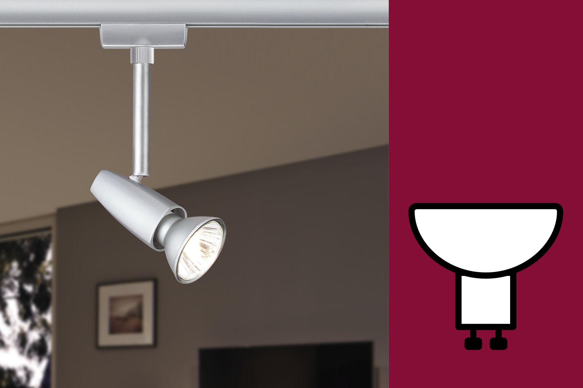 Spot GU10 argenté sur rail avec lumière blanc chaud pour éclairage intérieur moderne