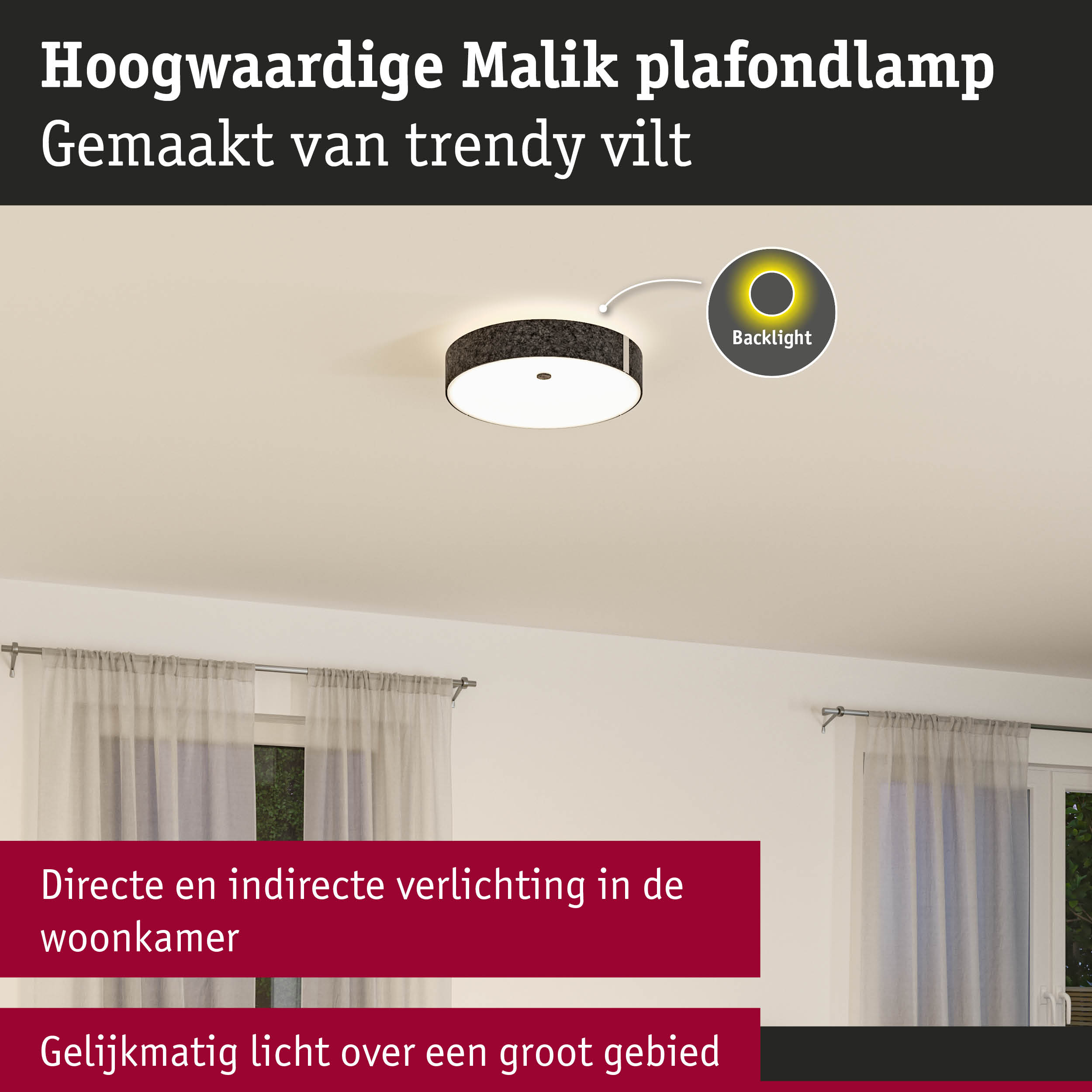 Malik plafondlamp van trendy vilt met LED-achtergrondverlichting voor gelijkmatige woonkamerverlichting