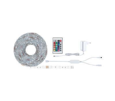 White LED strip light with remote control and power adapter for colorful indoor lighting accents