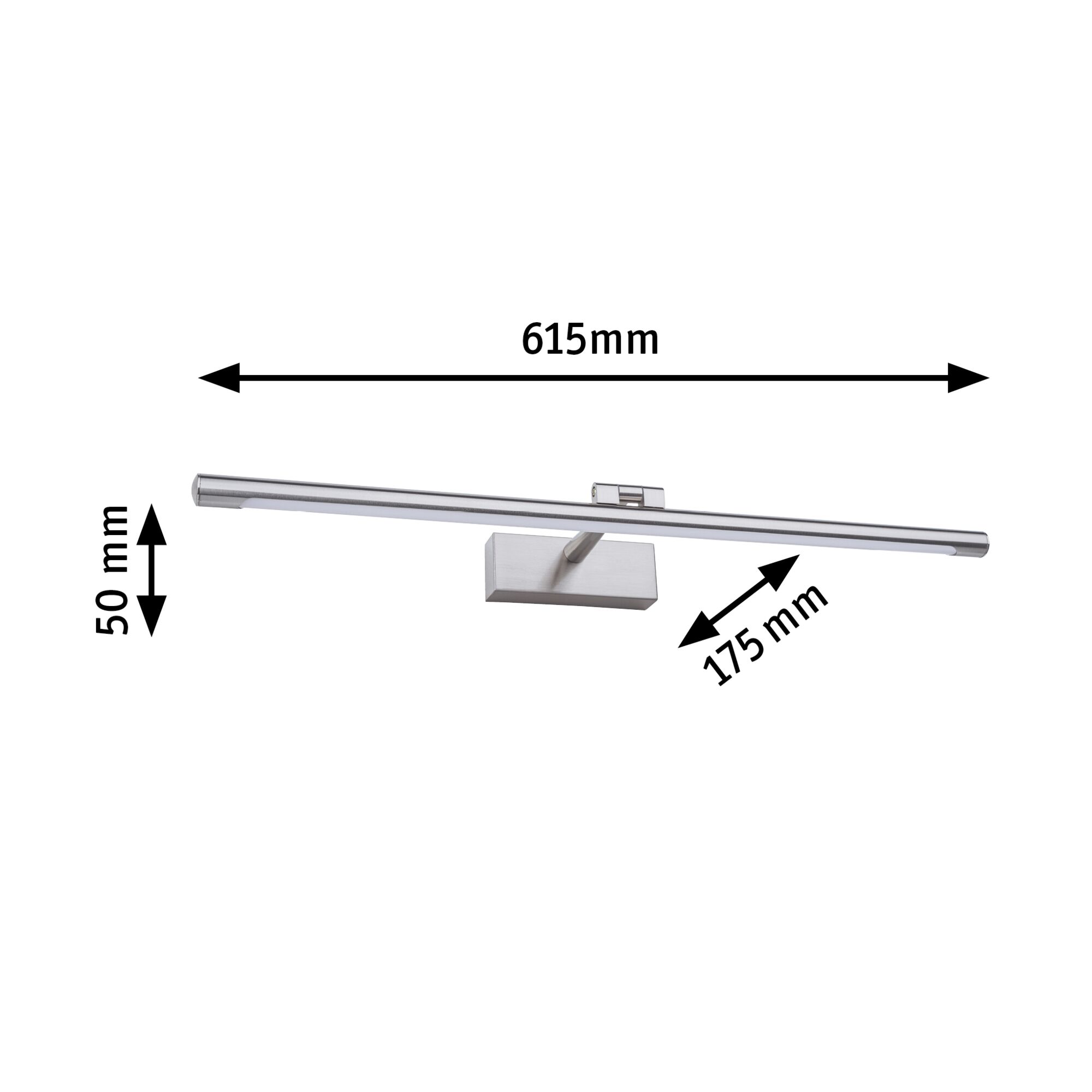 Slim LED wall light in brushed silver aluminum, dimensions 615x50x175 mm, ideal for modern lighting solutions