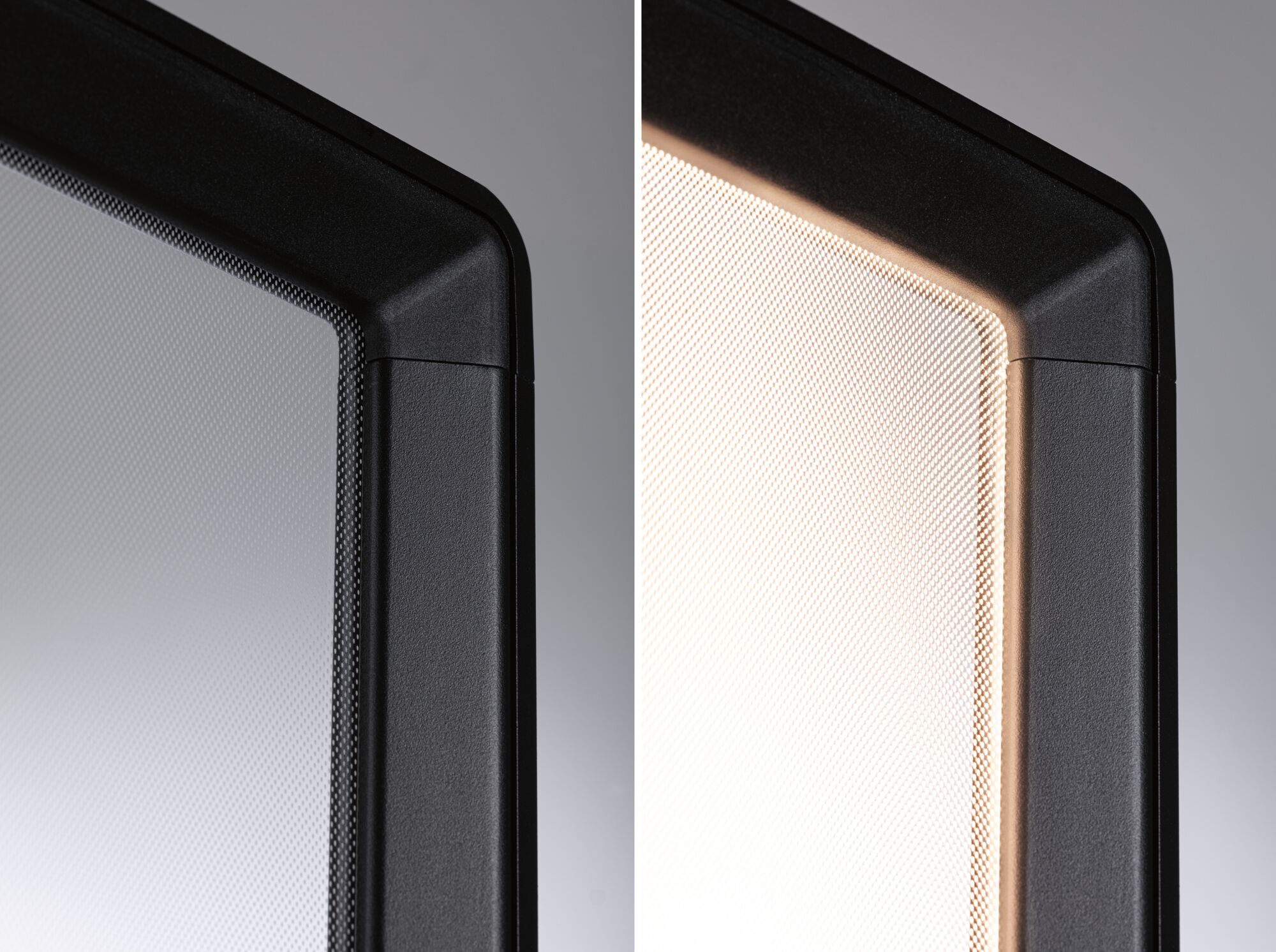 Gros plan sur cadre en plastique noir mat avec diffuseur éclairé pour panneaux LED.