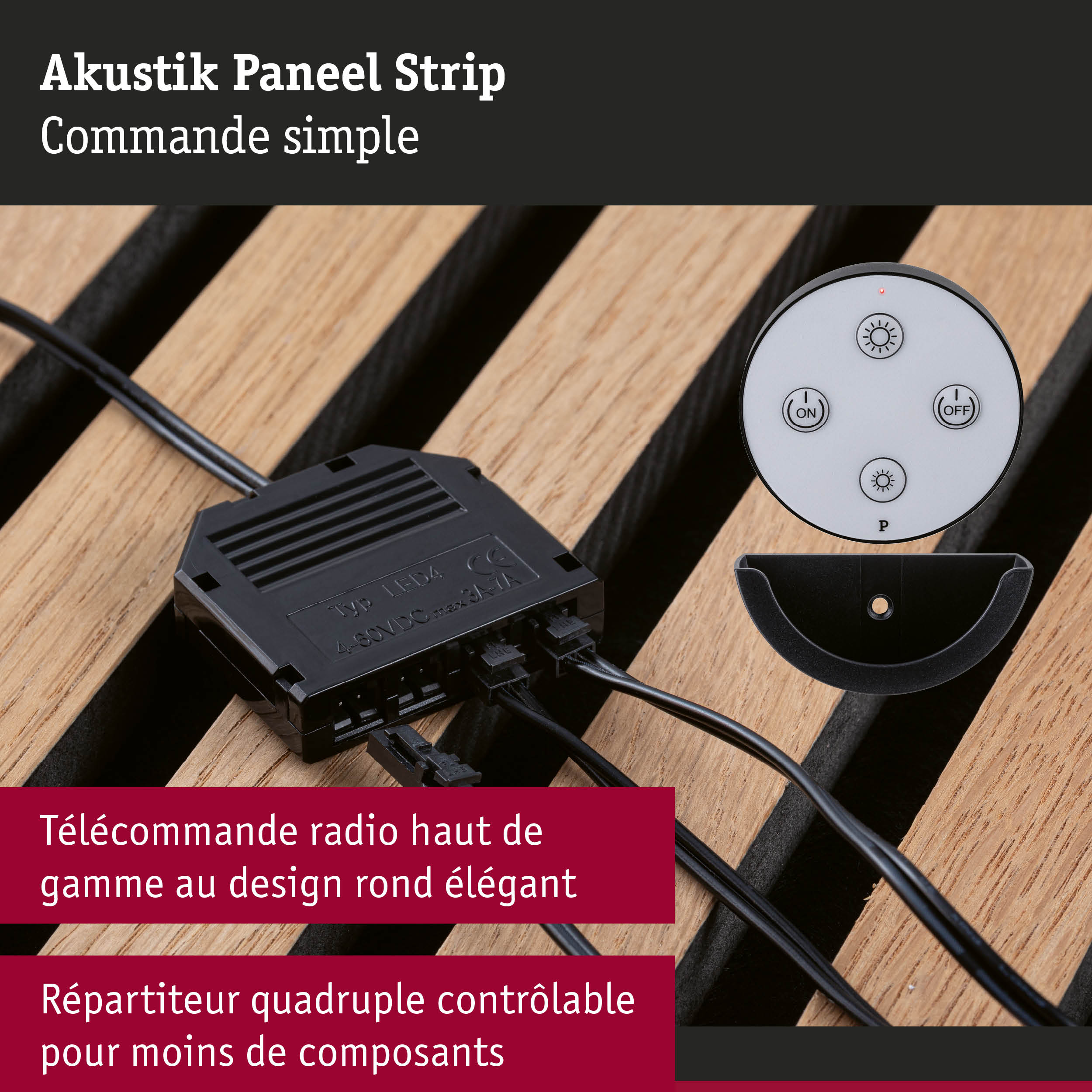 Télécommande ronde blanche avec boutons marche-arrêt et câble noir sur surface en bois pour Akustik Paneel Strip
