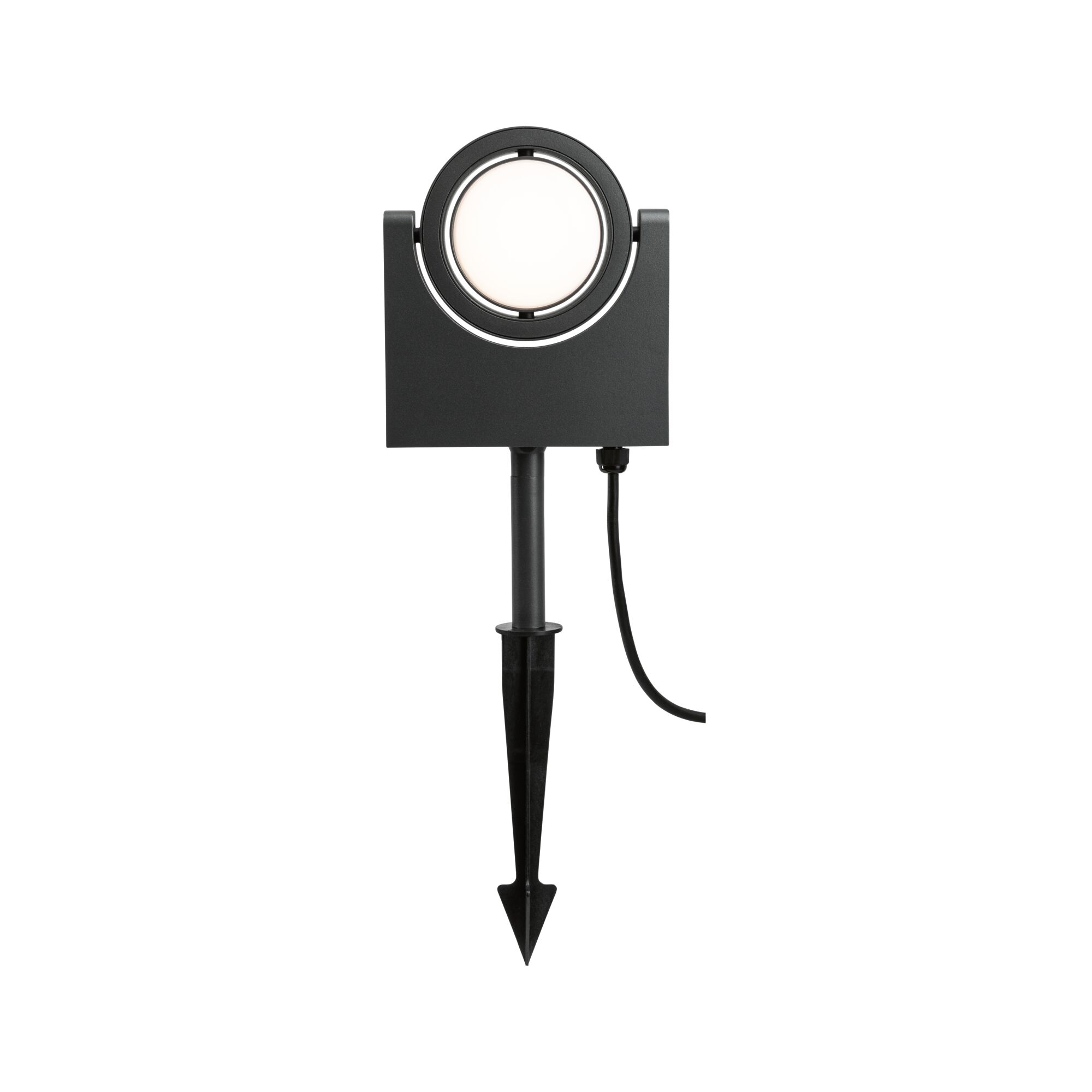 Black metal LED outdoor light with ground spike and round head for garden lighting