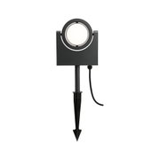 Black metal LED outdoor light with ground spike and round head for garden lighting