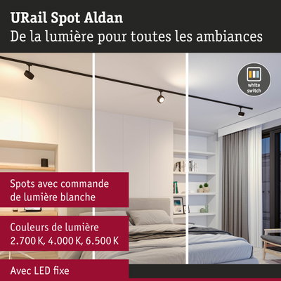 Spot LED URail Aldan noir avec commande de lumière blanche réglable dans un intérieur moderne