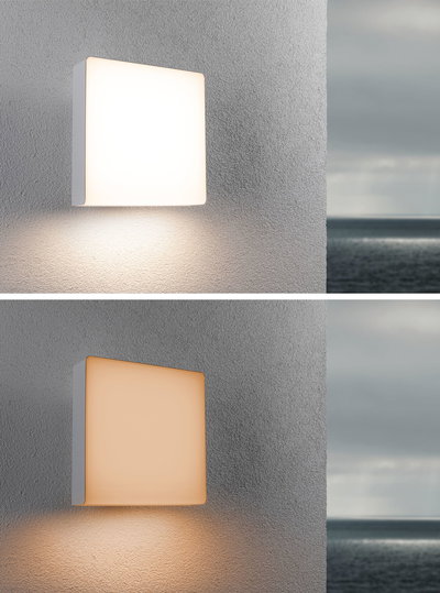 Square white LED wall light made of plastic with warm and cool white light for outdoor use